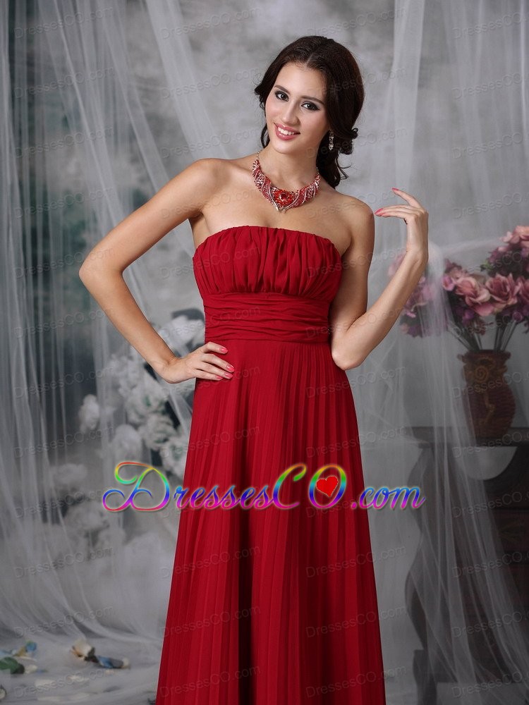 Simple Wine Red Evening Dress Empire Strapless Chiffon Ruched Long