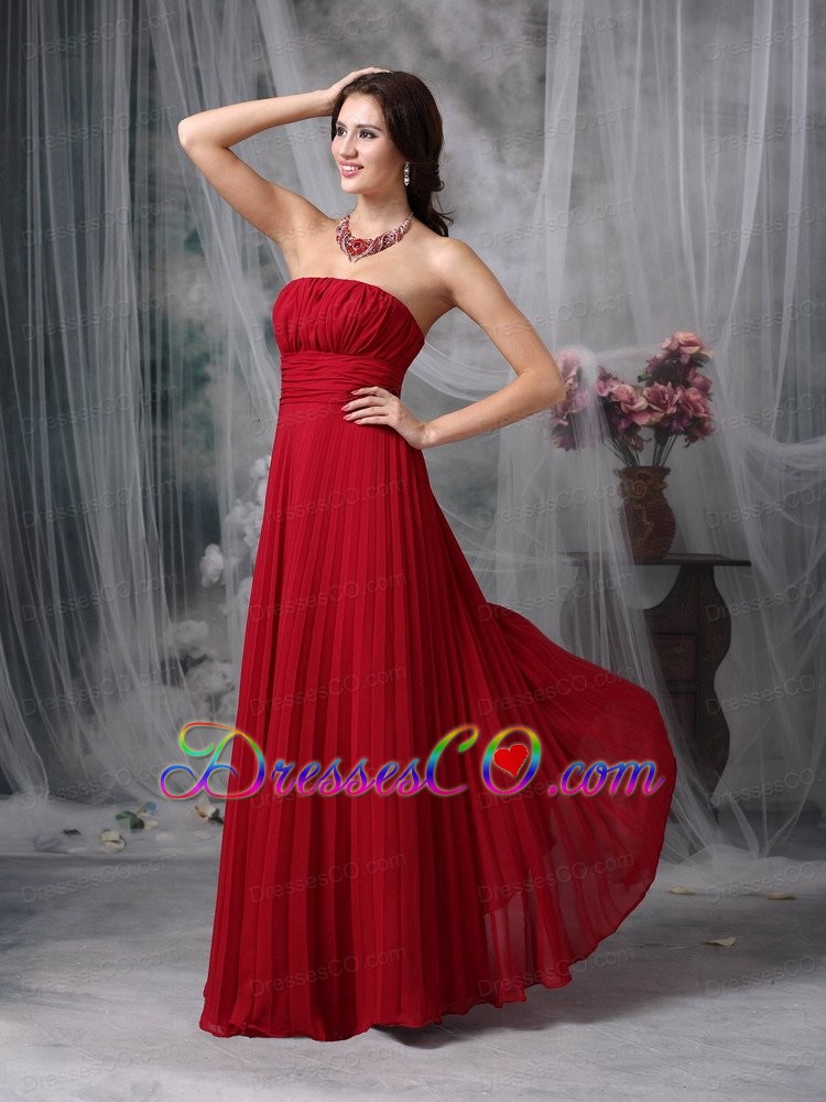 Simple Wine Red Evening Dress Empire Strapless Chiffon Ruched Long