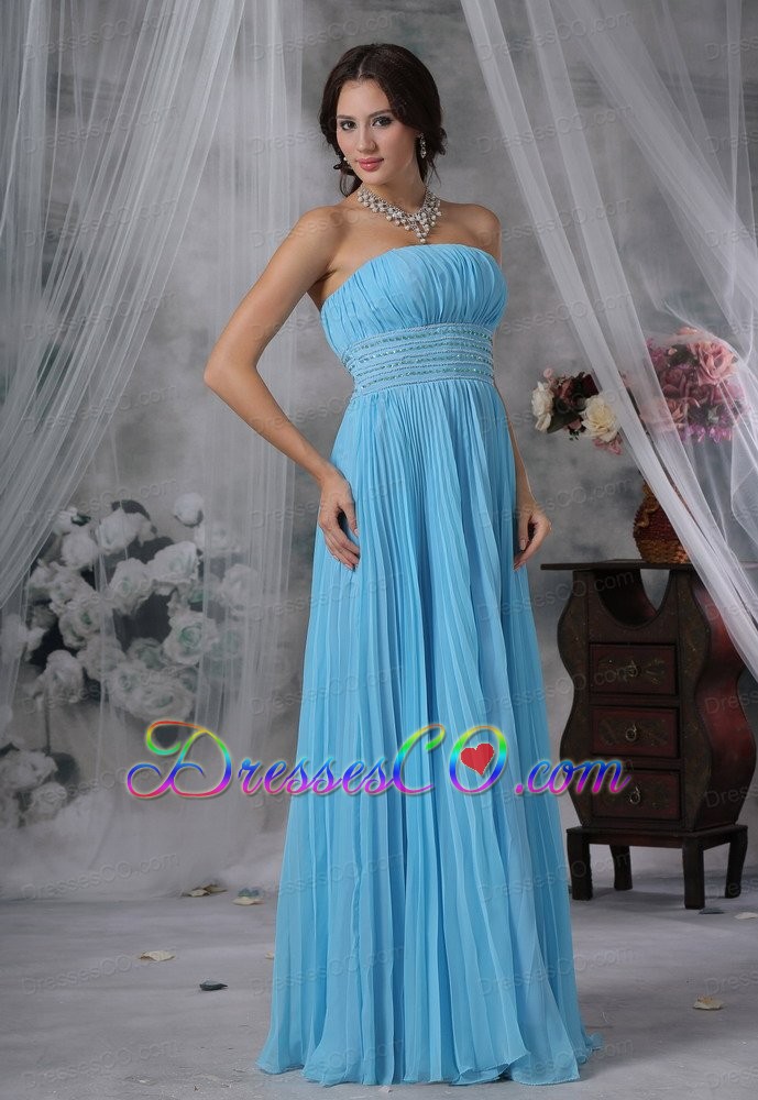Pleat Decorate Bodice Beaded Decorate Waist Aqua Blue Organza Long Lovely Style For Prom / Evening Dress