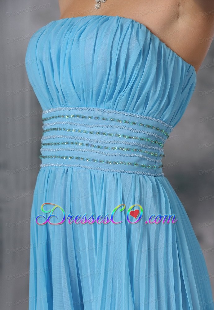 Pleat Decorate Bodice Beaded Decorate Waist Aqua Blue Organza Long Lovely Style For Prom / Evening Dress