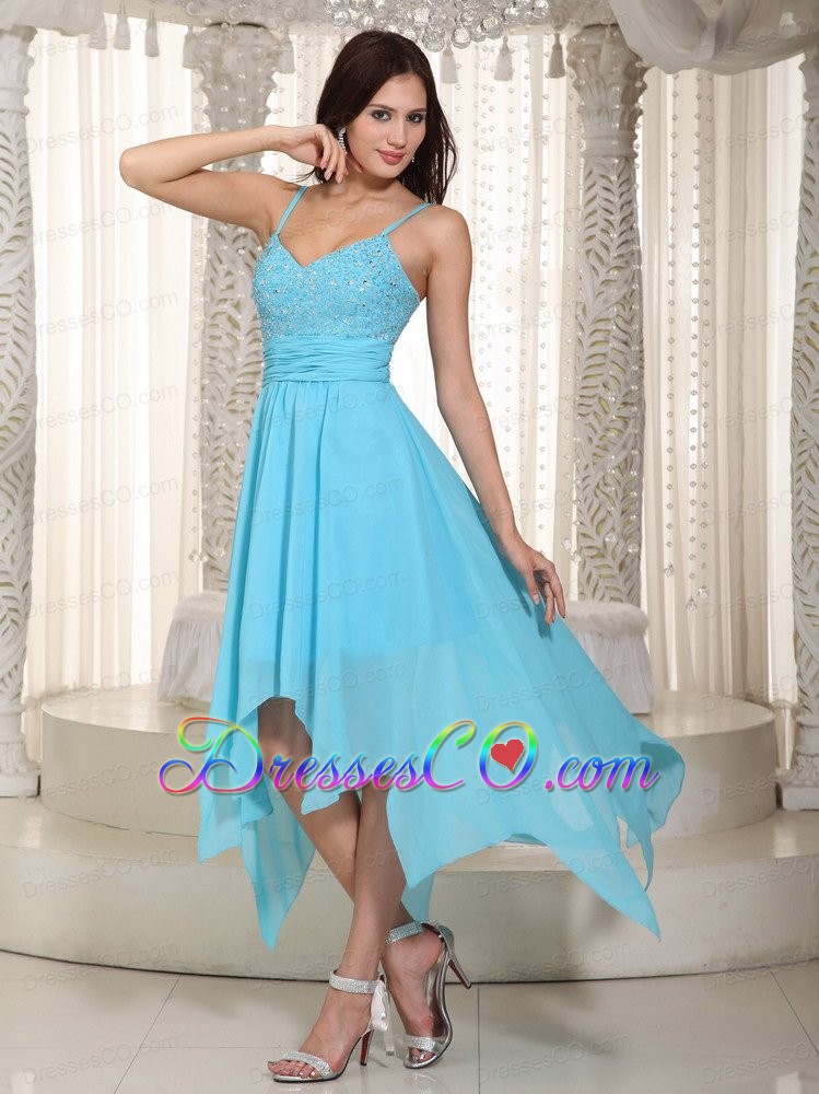 Baby Blue Empire Straps Asymmetrical Chiffon Ruched Prom Dress