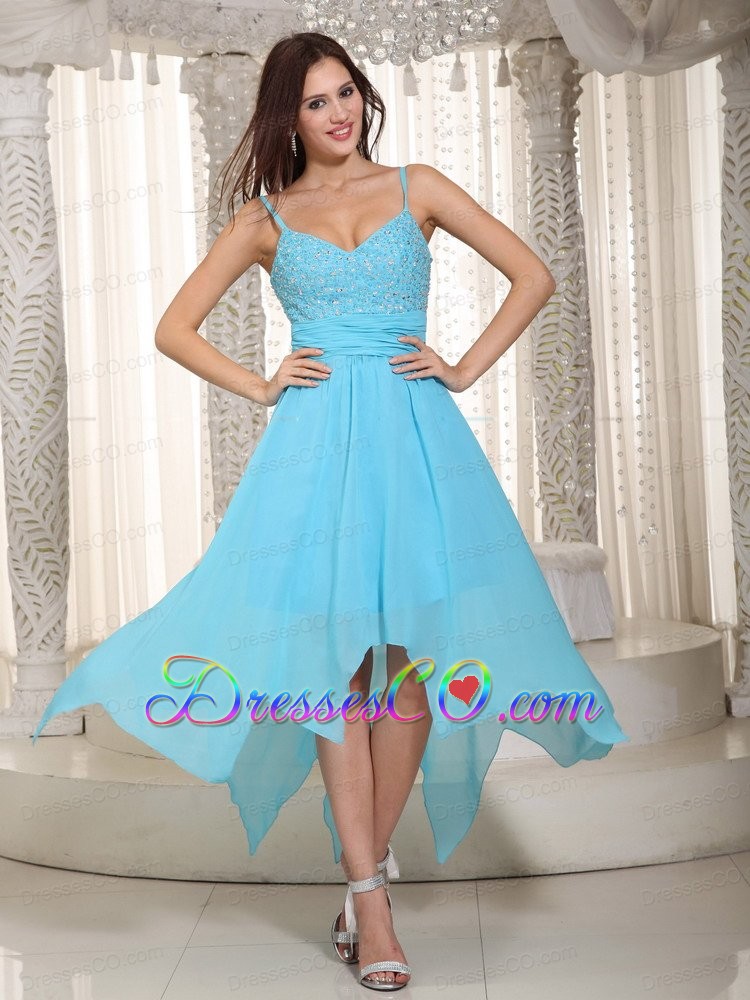 Baby Blue Empire Straps Asymmetrical Chiffon Ruched Prom Dress