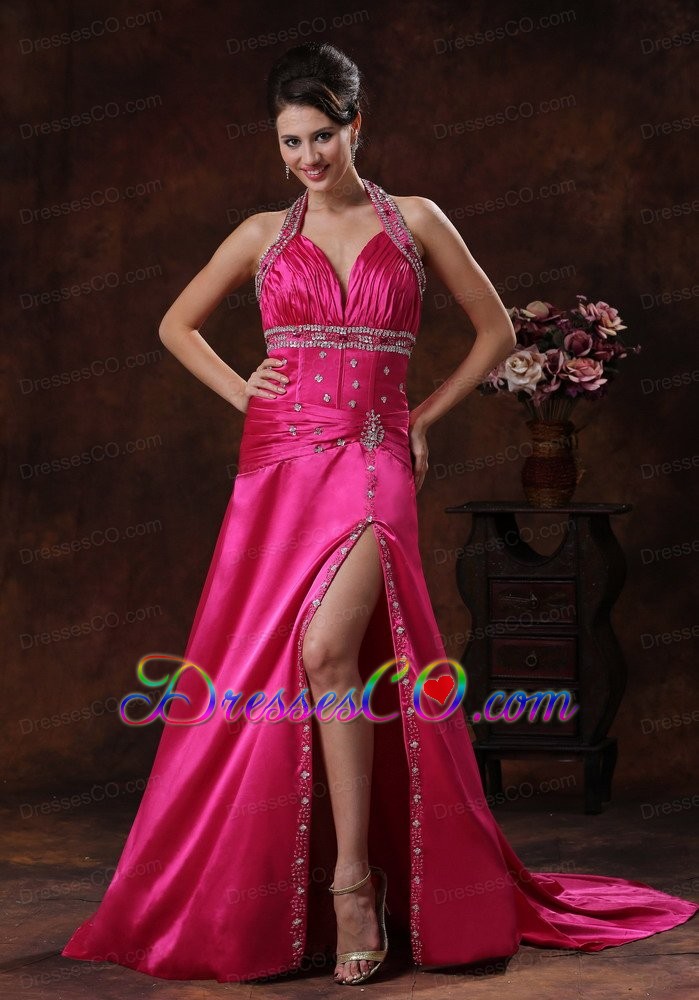 High Slit Hot Pink Prom Dress With Halter Beaded Decorate