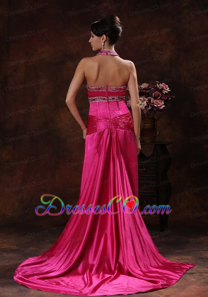 High Slit Hot Pink Prom Dress With Halter Beaded Decorate