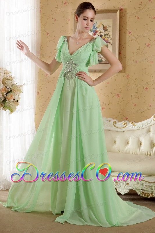 Green Empire V-neck Short Sleeves Court Train Chiffon Beading and Ruching Prom / Graduation Dress