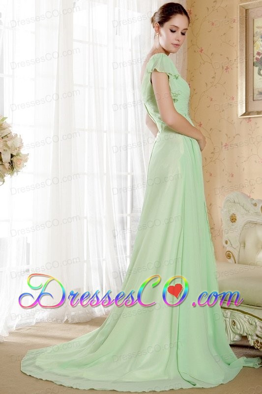 Green Empire V-neck Short Sleeves Court Train Chiffon Beading and Ruching Prom / Graduation Dress