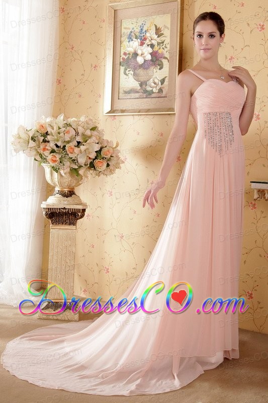 Baby Pink Empire Straps Court Train Chiffon Beading and Ruching Prom / Graduation Dress