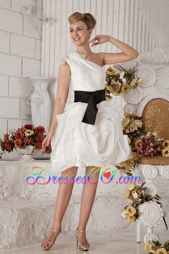 White A-line One Shoulder Short Prom Dress Organza Sash And Bow Mini-length
