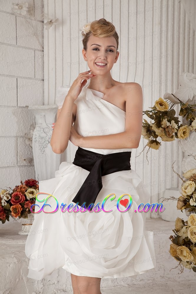 White A-line One Shoulder Short Prom Dress Organza Sash And Bow Mini-length