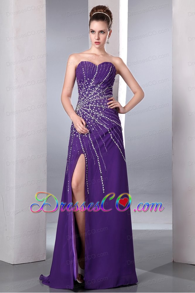 Purple Column Long Chiffon Beading Prom Dress