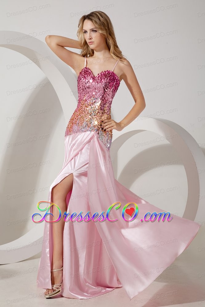Baby Pink Empire Straps Prom / Evening Dress Brush Train Stretch Charmeuse and Sequin