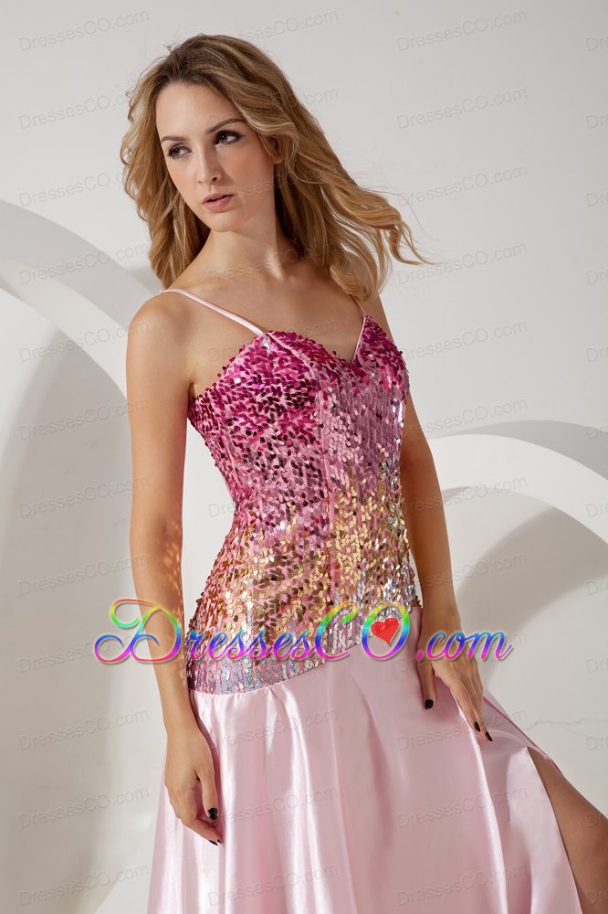 Baby Pink Empire Straps Prom / Evening Dress Brush Train Stretch Charmeuse and Sequin