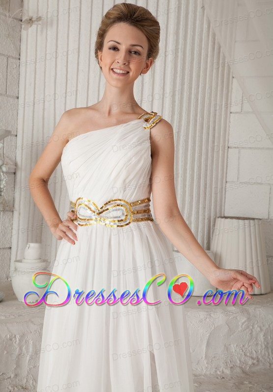 White A-line / Princess One Shoulder Long Chiffon Sequins Prom Dress