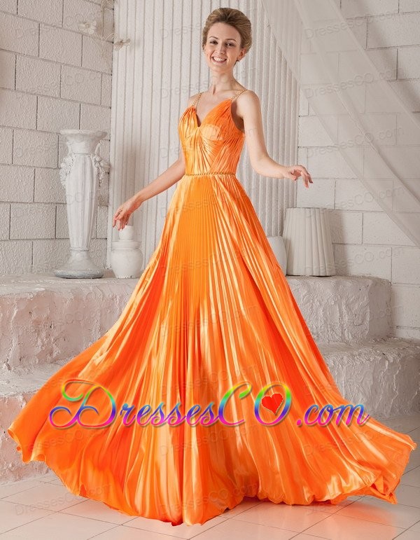 Orange Red Empire Spaghetti Straps Court Train Elastic Woven Satin Pleat Prom Dress