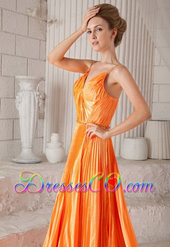 Orange Red Empire Spaghetti Straps Court Train Elastic Woven Satin Pleat Prom Dress