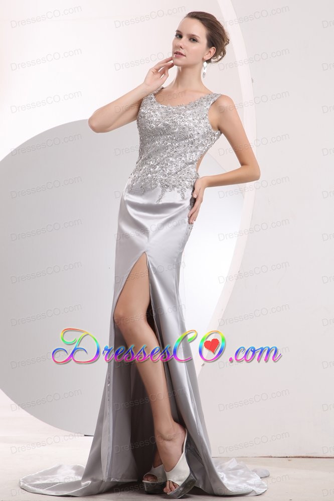Silver Column Scoop Brush Train Taffeta Beading Prom / Evening Dress