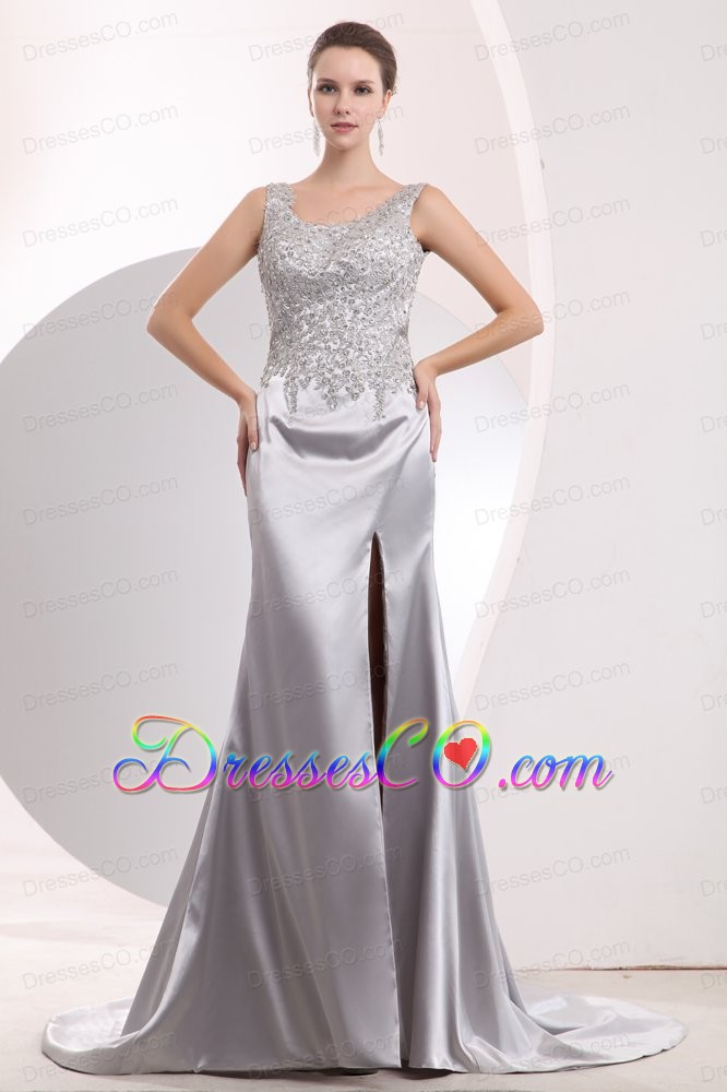 Silver Column Scoop Brush Train Taffeta Beading Prom / Evening Dress