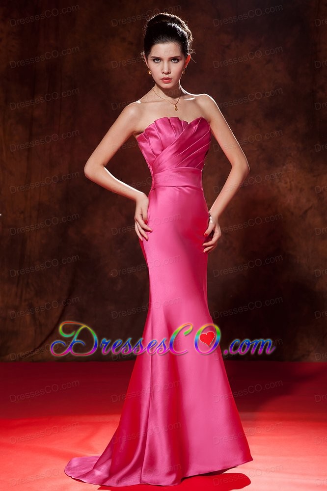 Exquisite Hot Pink Junior Prom Dress Mermaid Strapless Brush Train Satin