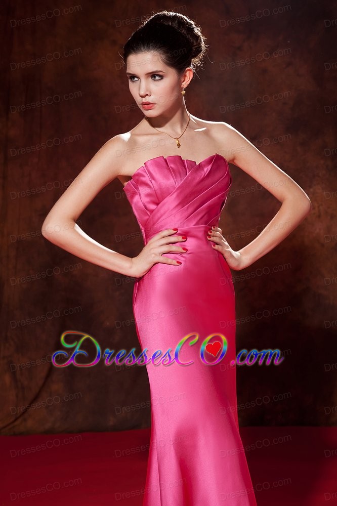 Exquisite Hot Pink Junior Prom Dress Mermaid Strapless Brush Train Satin