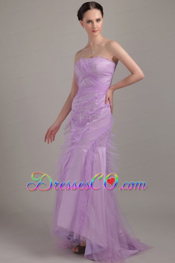 Lavender Mermaid Strapless Brush Train Tulle Ruch Prom Dress
