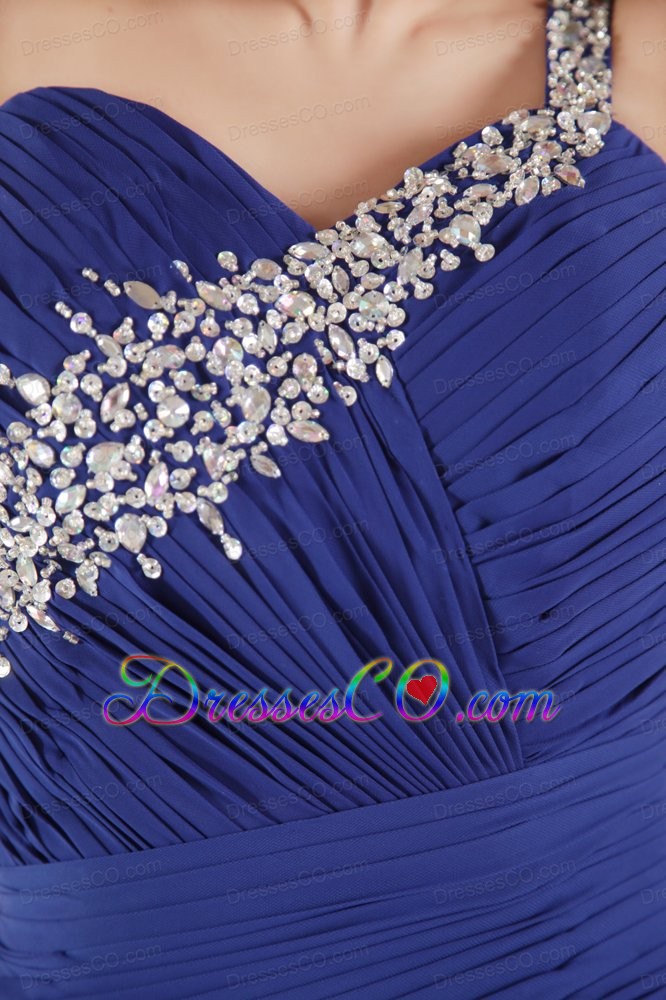 Blue Empire One Shoulder Prom Dress Chiffon Beading Brush Train