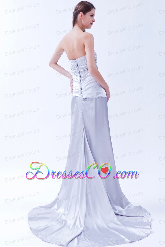 Lilac Column Strapless Beading Prom Dress Elastic Woven Satin Beading Brush Train