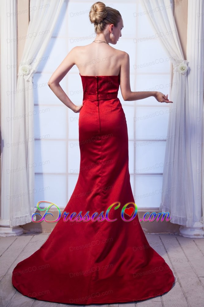 Wine Red Column Strapless Prom Dress Satin Beading Brush Train