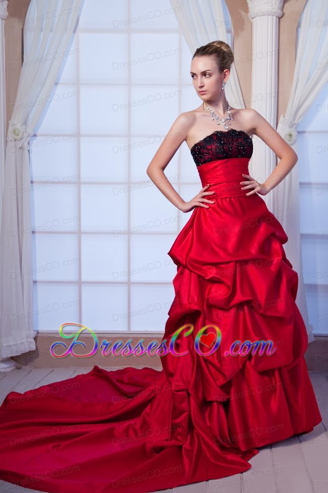 Red A-line Strapless Chapel Train Taffeta Beading and Lace Prom Dress