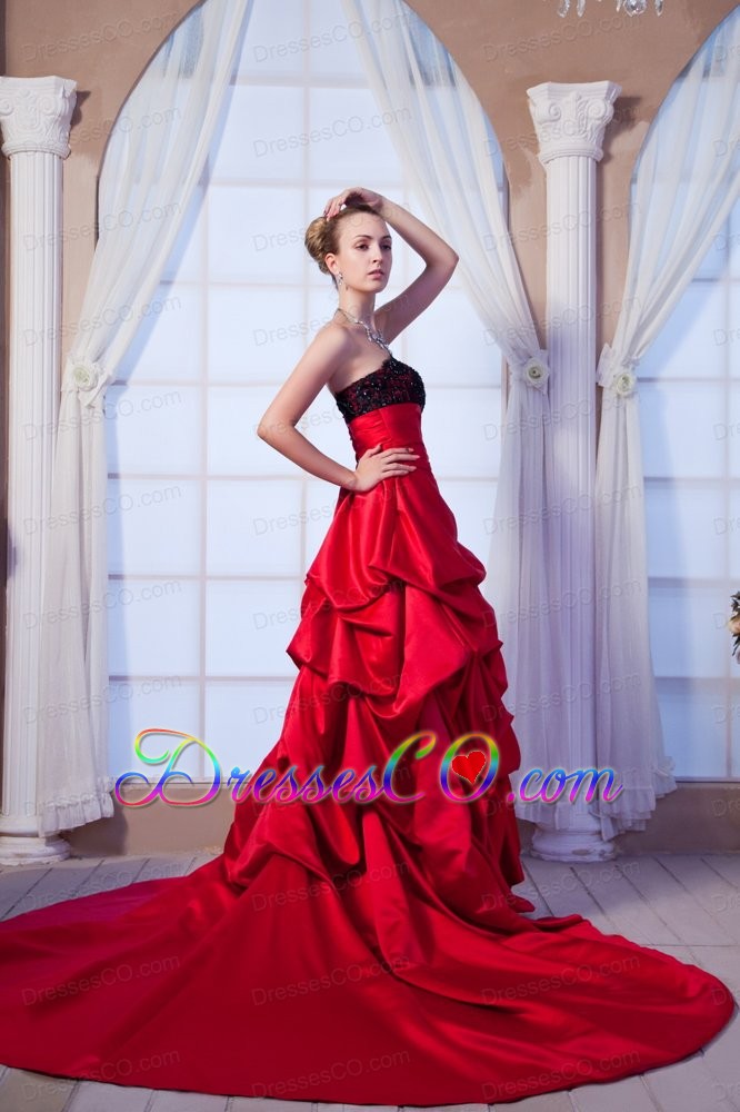 Red A-line Strapless Chapel Train Taffeta Beading and Lace Prom Dress