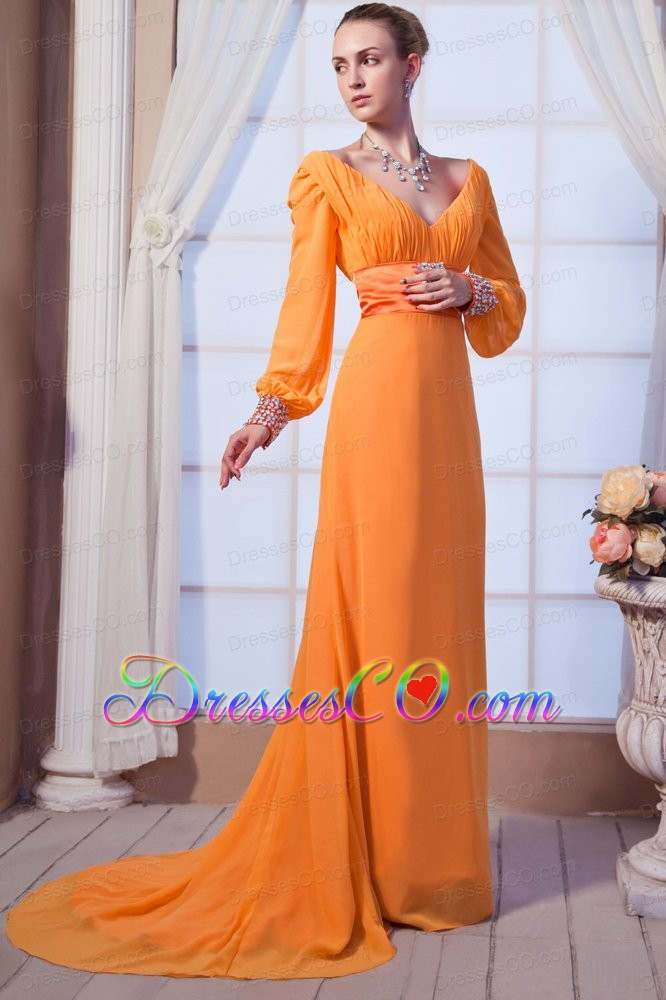 Orange Empire V-neck Brush Train Chiffon Beading Prom / Graduation Dress