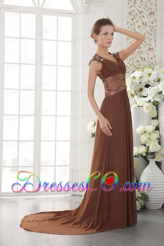 Brown Empire V-neck Brush Train Chiffon Beading Prom / Evening Dress