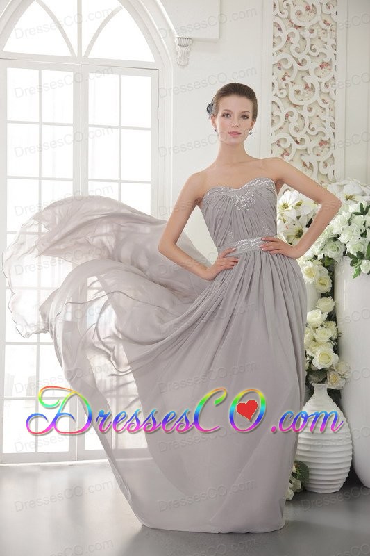 Grey Empire Brush Train Chiffon Beading and Ruching Prom / Evening Dress