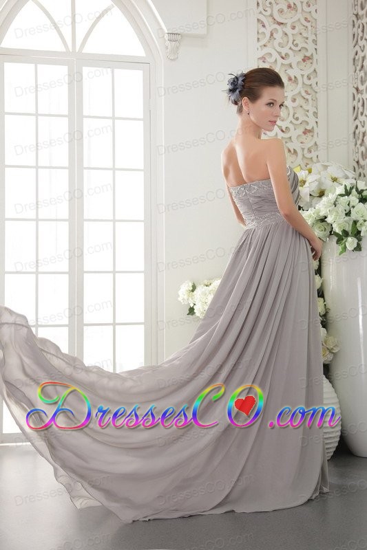 Grey Empire Brush Train Chiffon Beading and Ruching Prom / Evening Dress
