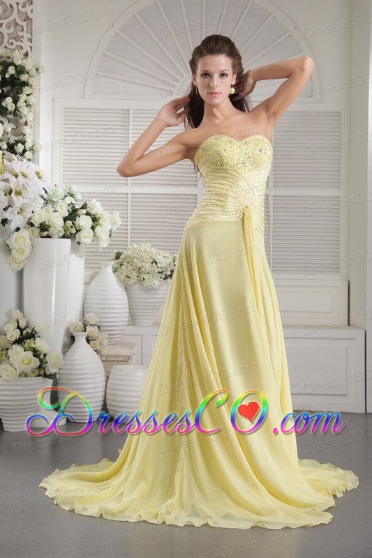 Gorgeous Light Yellow Prom / Evening Dress Empire Beading Brush Train Chiffon