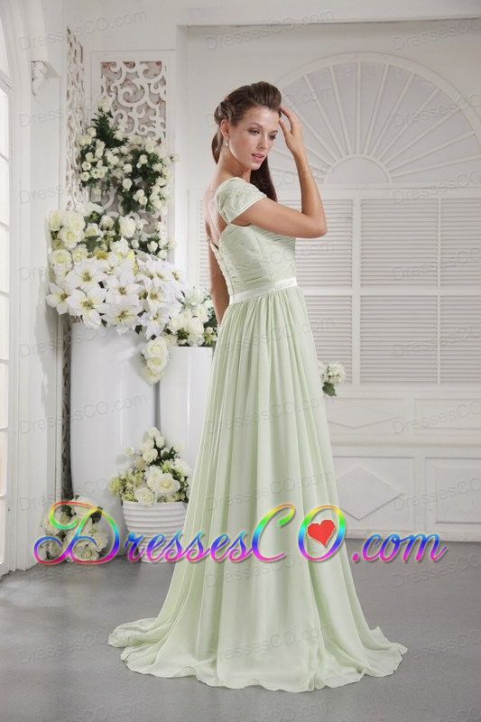 Apple Green Empire Off The Shoulder Brush Train Chiffon Ruching Prom Dress