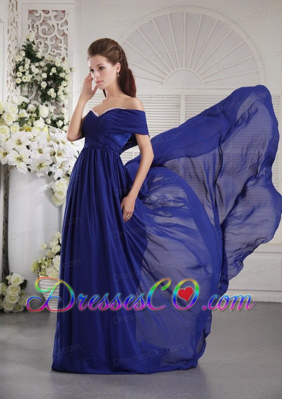 Blue Empire One Shoulder Brush Train Chiffon Ruching Prom / Graduation Dress