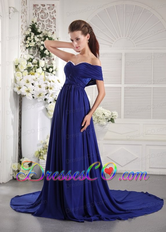 Blue Empire One Shoulder Brush Train Chiffon Ruching Prom / Graduation Dress