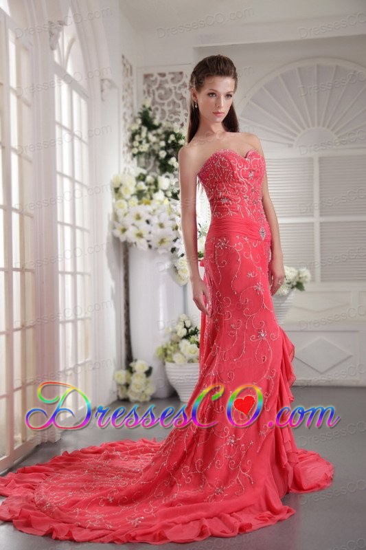 Coral Red Column Court Train Chiffon Appliques Prom / Evening Dress