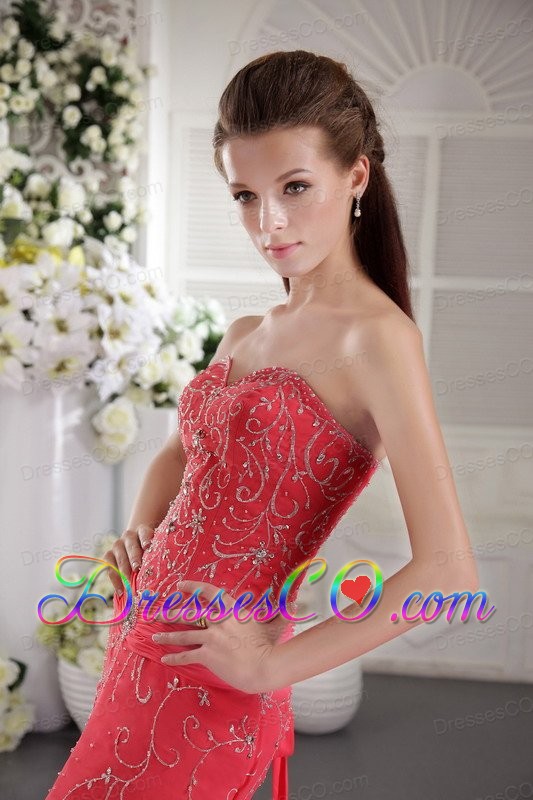 Coral Red Column Court Train Chiffon Appliques Prom / Evening Dress