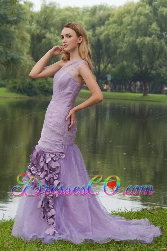 Lilac Column / Sheath One Shoulder Sweep / Brush Organza Hand Flowers Prom Dress