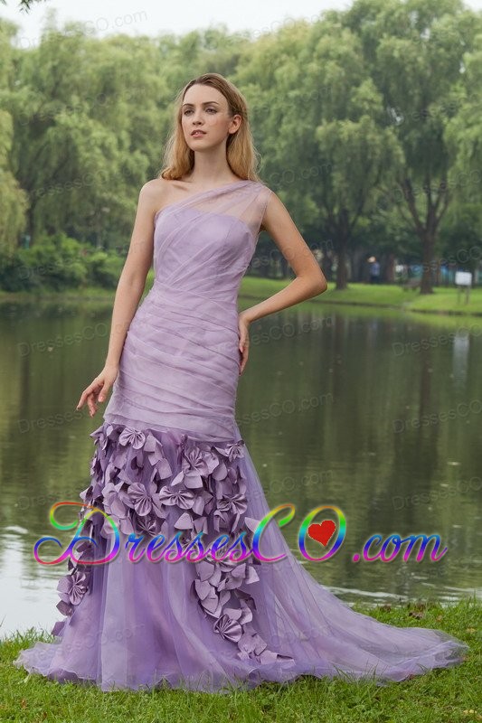 Lilac Column / Sheath One Shoulder Sweep / Brush Organza Hand Flowers Prom Dress