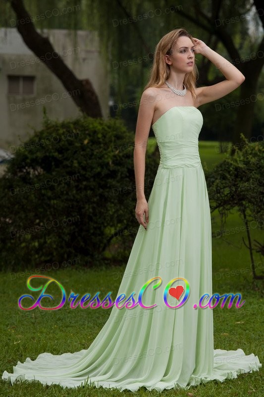 Apple Green Empire Strapless Brush Train Chiffon Prom Dress