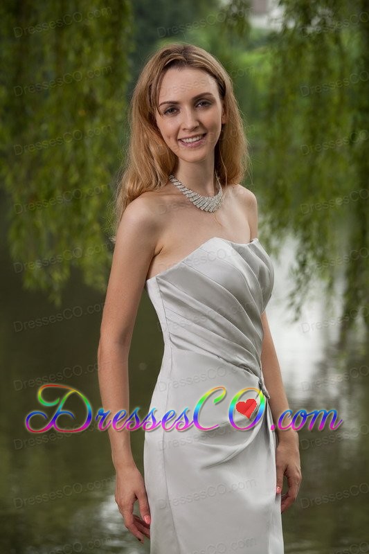Grey Column / Sheath Strapless Mini-length Satin Ruching Bridesmaid Dress
