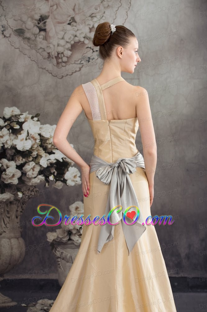 Designer Column Sash Brush Train Prom Dress