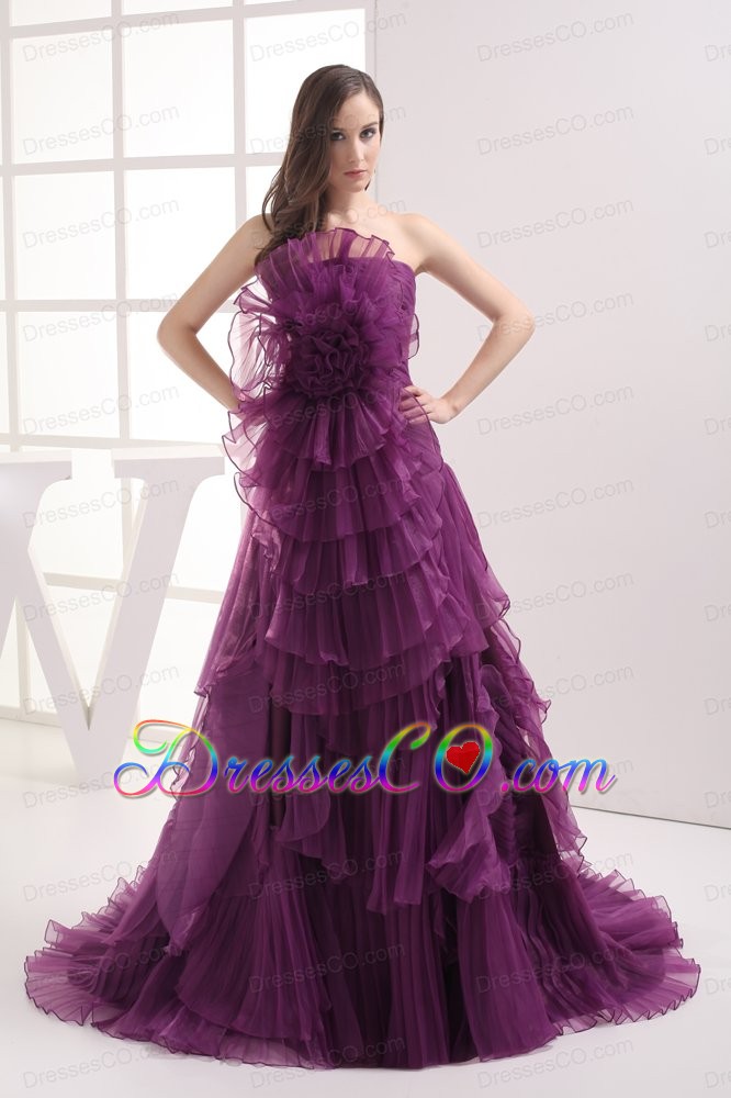 A-line Purple Strapless Ruffles Organza Prom Dress