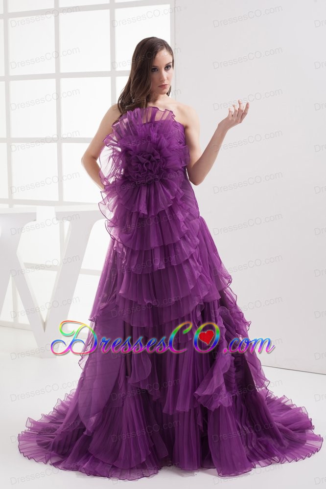 A-line Purple Strapless Ruffles Organza Prom Dress