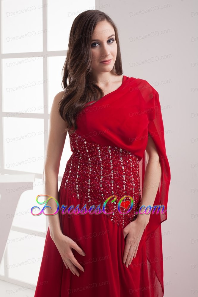 A-line Red One Shoulder Beading Chiffon Prom Dress
