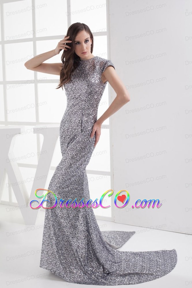 Mermaid Cap Sleeves Scoop Gray Sequin Prom Dress