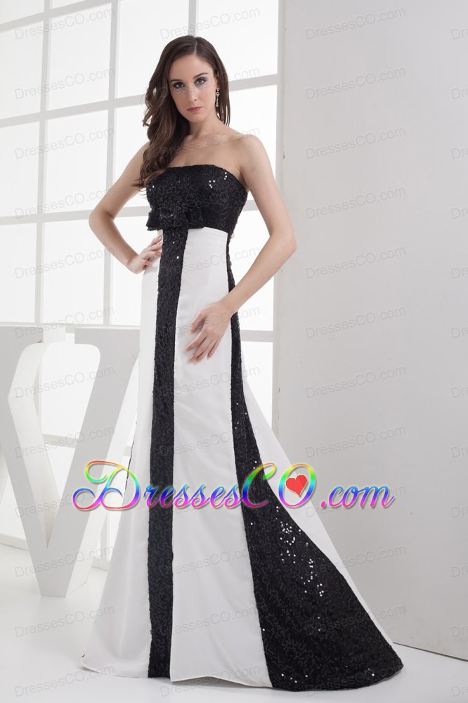 Sequin Black and White Column Strapless Prom Dress