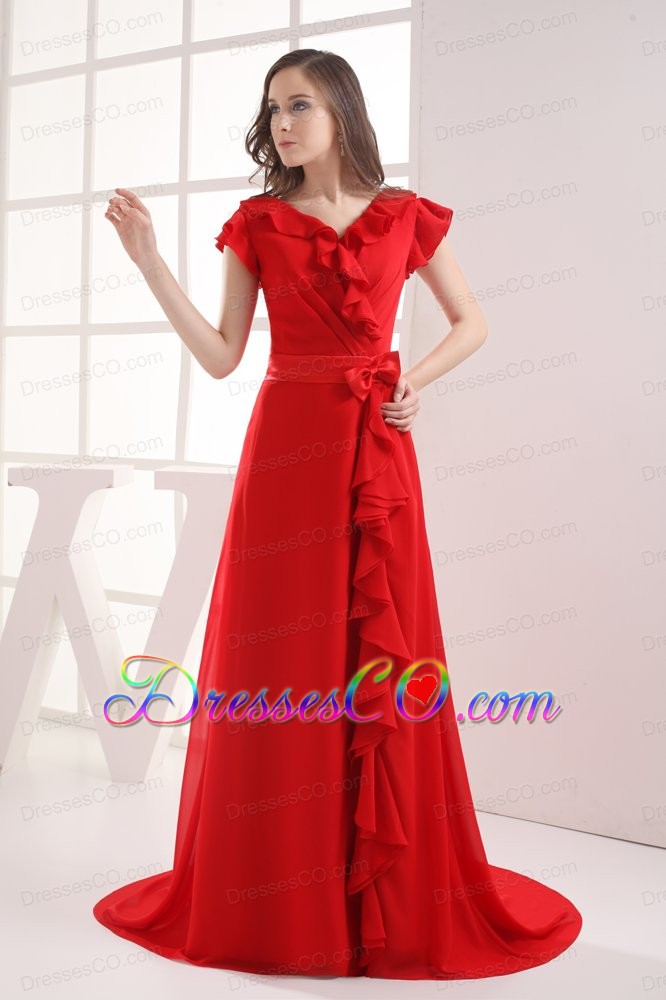 Red Short Sleeves Bow V-neck Prom Dress
